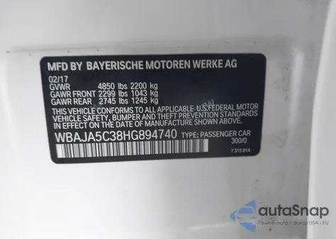 2017 BMW 530I from USA, damaged, VIN WBAJA5C38HG894740